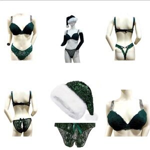 Very Sexy Christmas Lace Shine Strap Push-Up Bra & Thongs Set w accessories